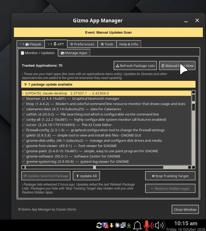 APT works the same way, with every updatable package listed first and a note on what is tracked