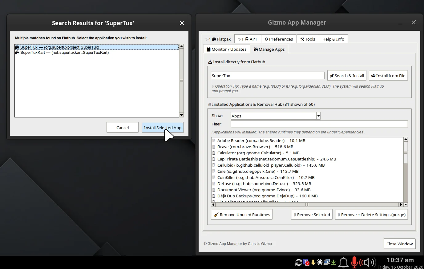 Search Flathub and install new apps, or remove old ones cleanly
