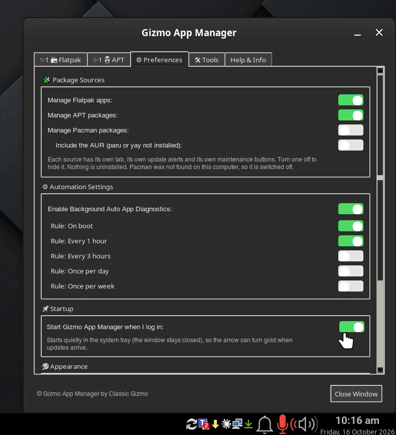 Choose which package managers to look after, set automatic checks and start at login